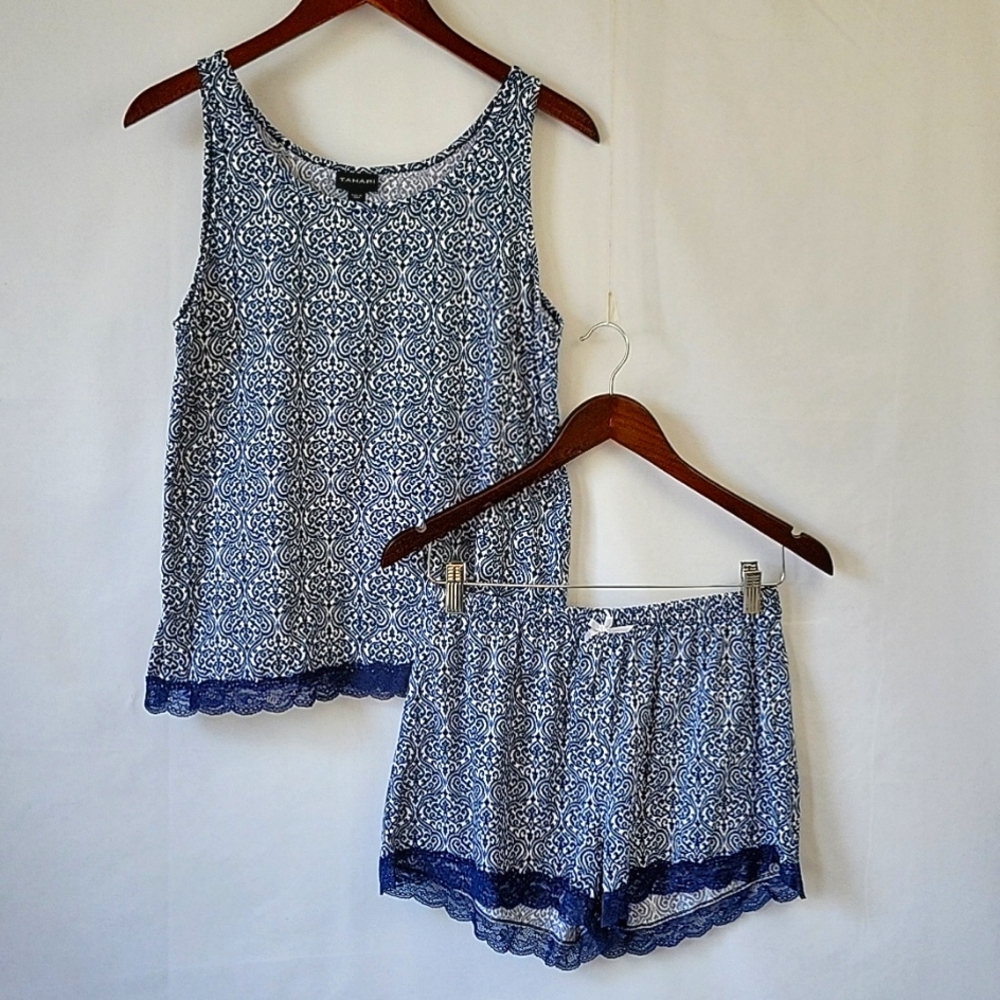 Tahari Tank Style Short Pajama Set Navy & White Size Medium